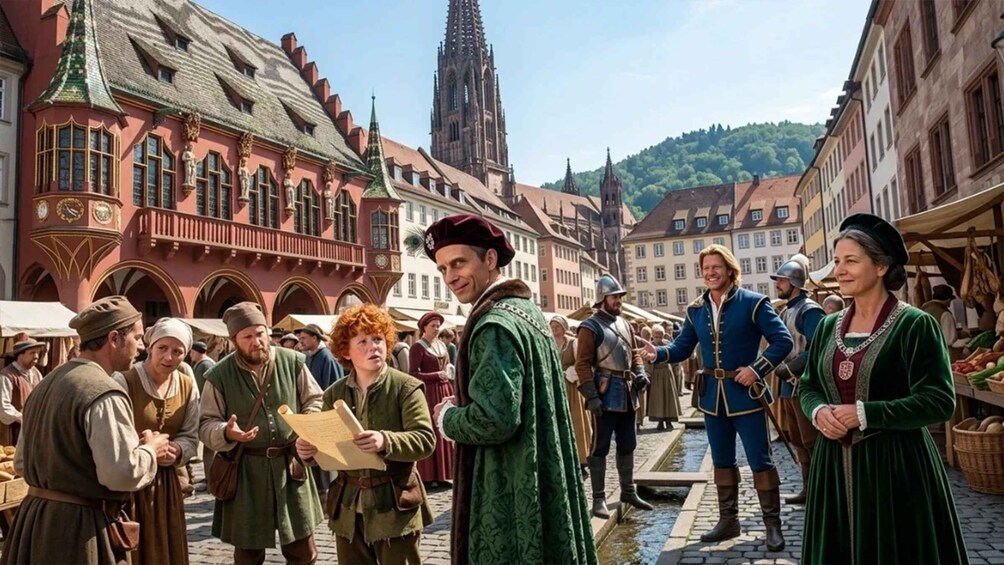 A medieval European town square with historic buildings, a church spire, and people in period costumes. 1