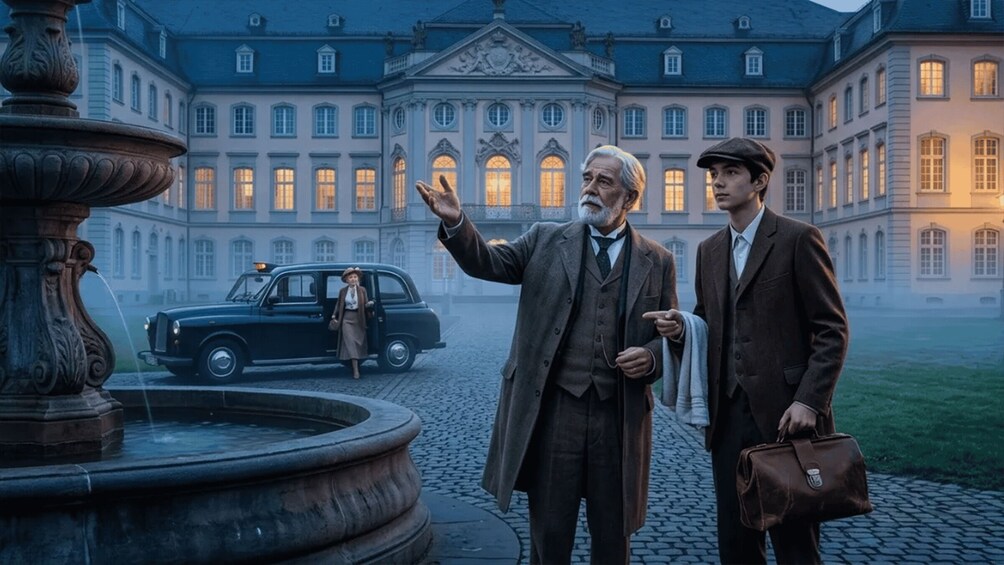 A man pointing at a fountain, a vintage car, and a large building in the background. 3