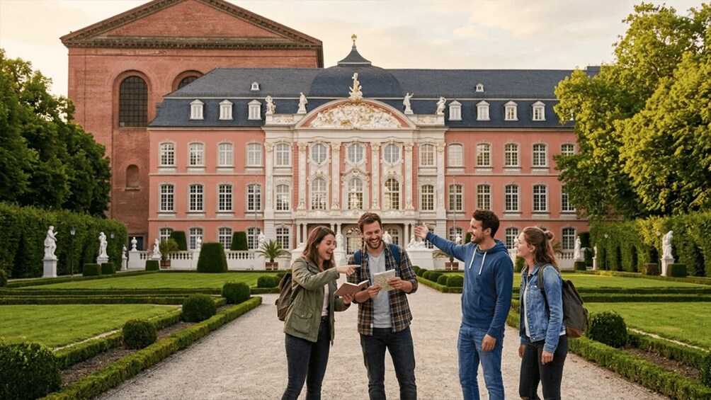 A group of people standing in front of a large, ornate building with a symmetrical facade and a central dome. 2