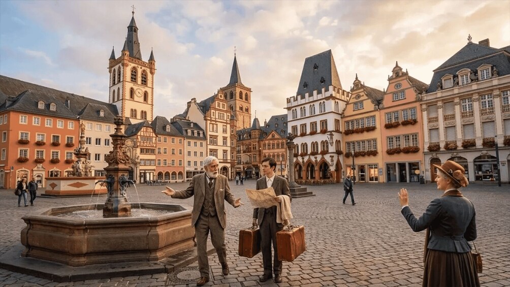 A historical European square with a fountain, old buildings, and a clock tower. 1