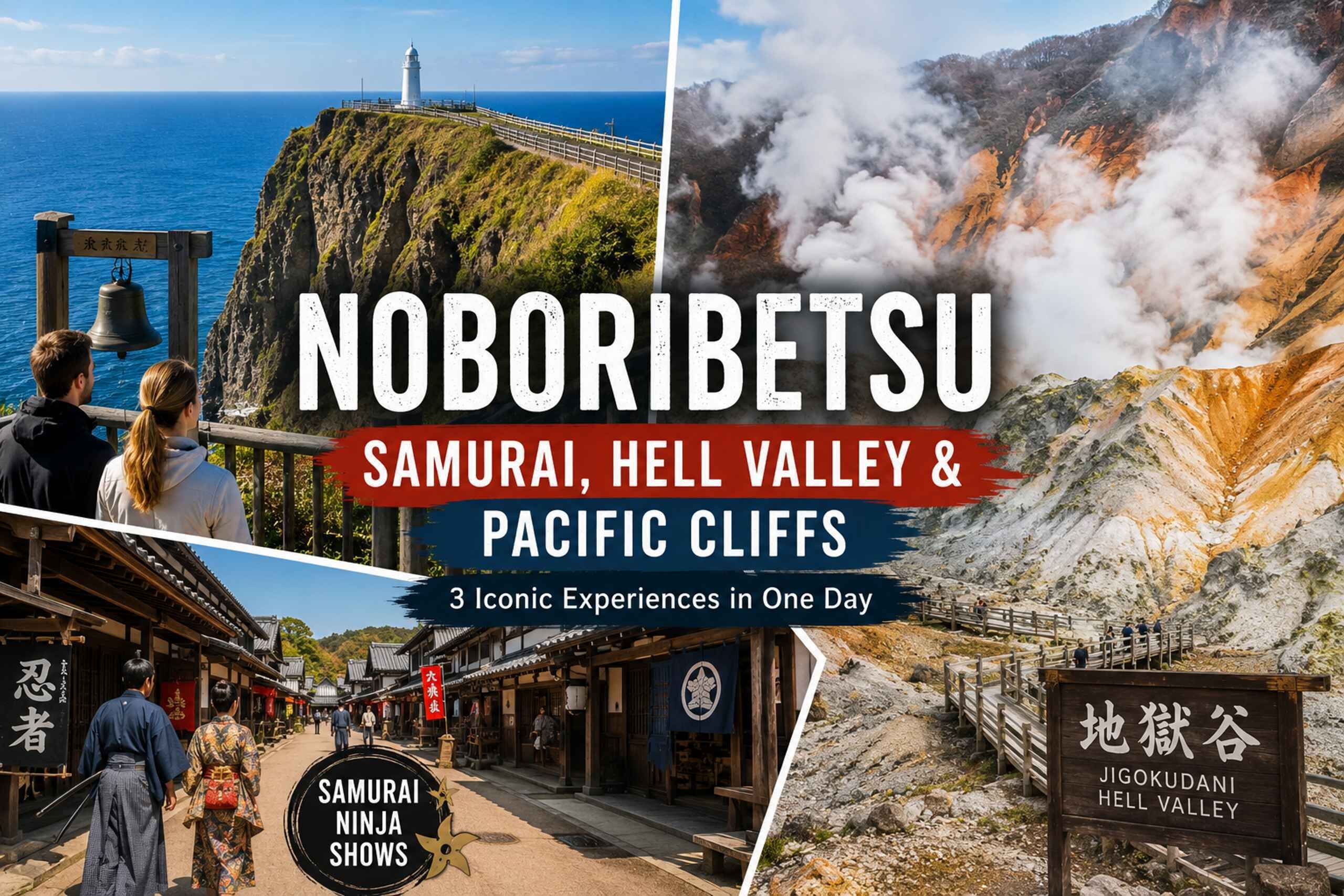 A coastal landscape with a lighthouse, a traditional Japanese street, and a sign for Jigokudani Hell Valley. 1