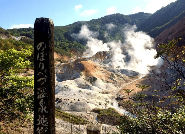 A volcanic landscape with steam rising from the ground, surrounded by greenery and mountains. 3