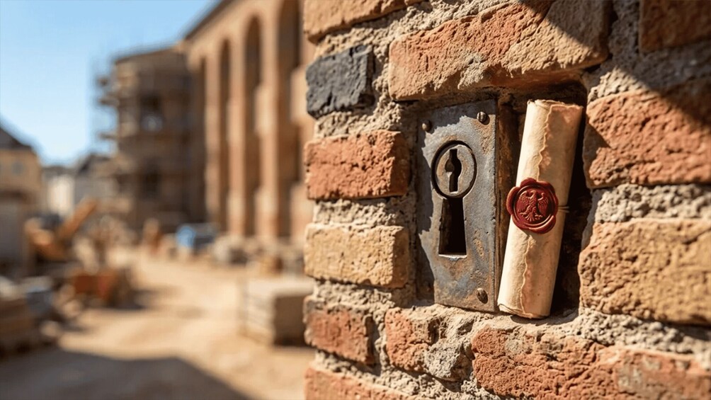 A weathered brick wall with a metal lock and a wax seal. 2