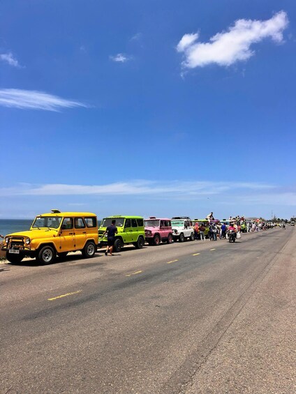 A row of colorful vintage cars parked along a coastal road with people and motorcycles around. 4