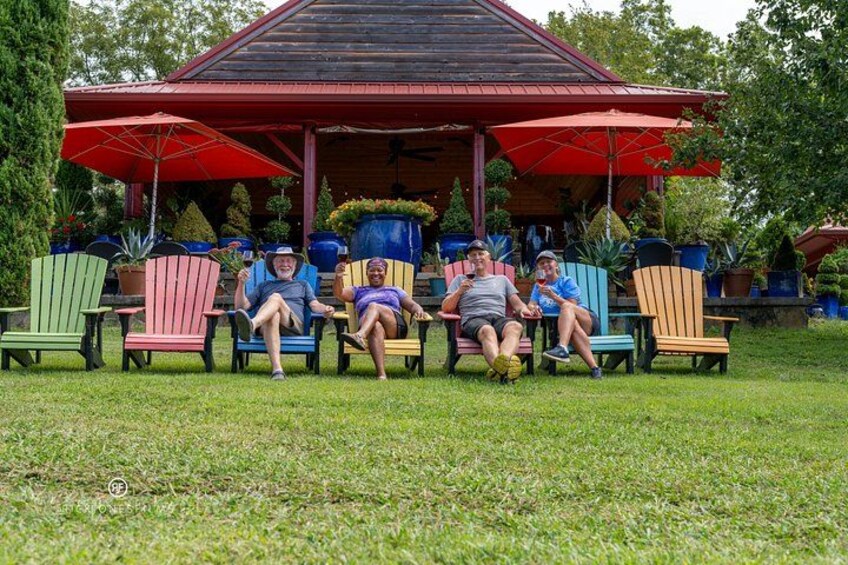 A gazebo with colorful chairs and potted plants. 2