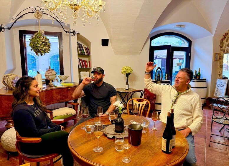 A group of people sitting around a wooden table with wine glasses and bottles, in a room with bookshelves and a chandelier. 3