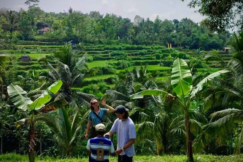 A group of people standing in a lush, green landscape with terraced fields and banana trees. 4
