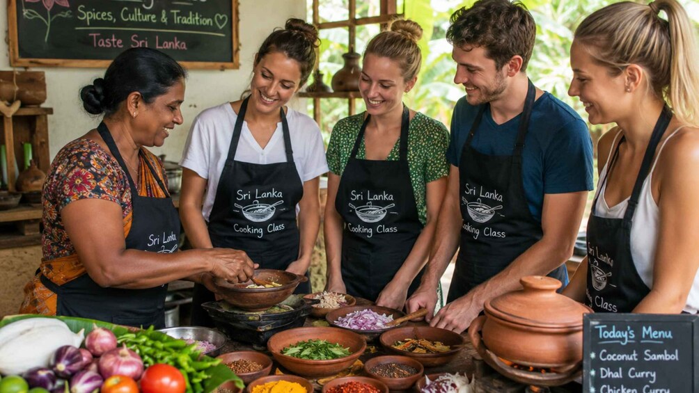 A group of people in a cooking class setting with a menu board and various cooking ingredients. 2