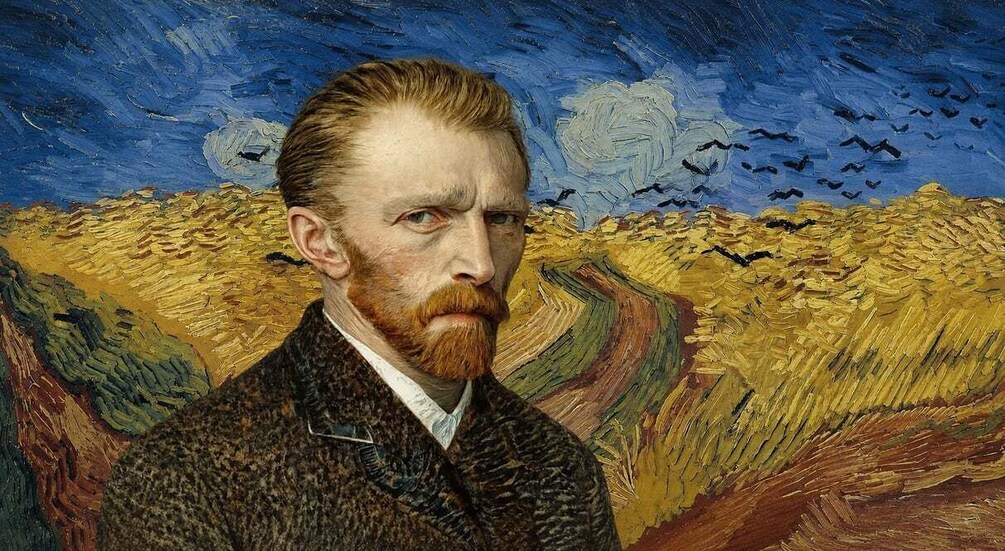 A portrait of a man with a beard, wearing a dark coat, set against a background of a starry night sky and a landscape with yellow and green hues. 1