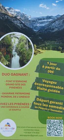 A travel advertisement featuring a mountainous landscape with a waterfall, a green field, and a QR code for booking. 3
