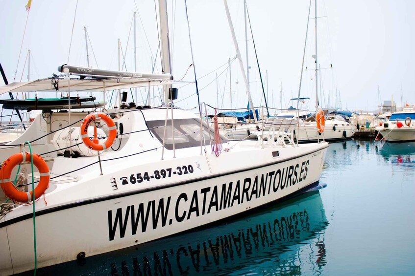 A white yacht with lifebuoys and a website address, docked at a marina with other boats. 1