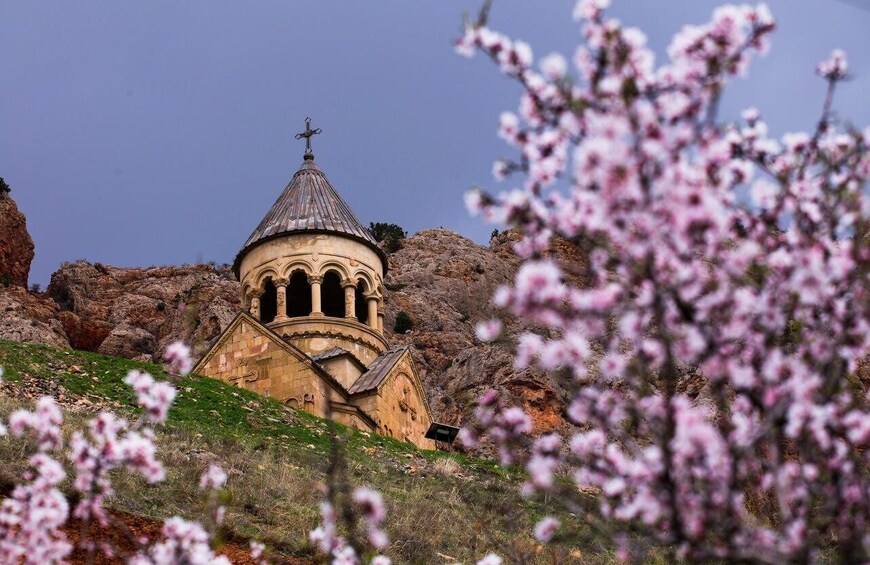 A church with a dome and cross on top, surrounded by rocky terrain and flowering shrubs. 1