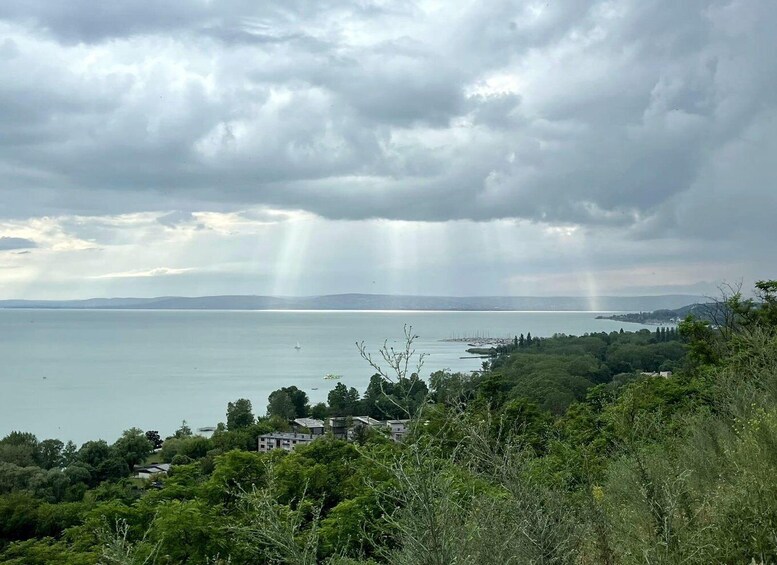A coastal landscape with a view of the sea, a distant city skyline, and a cloudy sky. 3