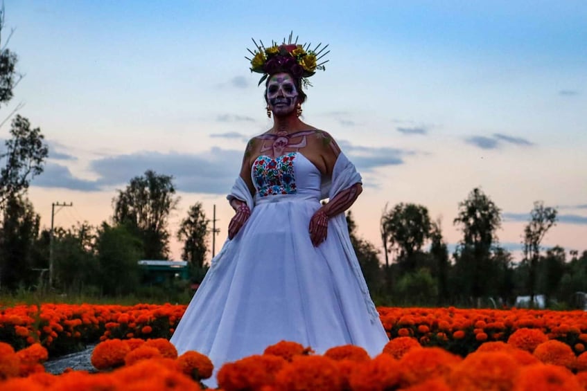 A person in a white dress with floral patterns, standing in a field of orange flowers, with trees and a clear sky in the background. 4