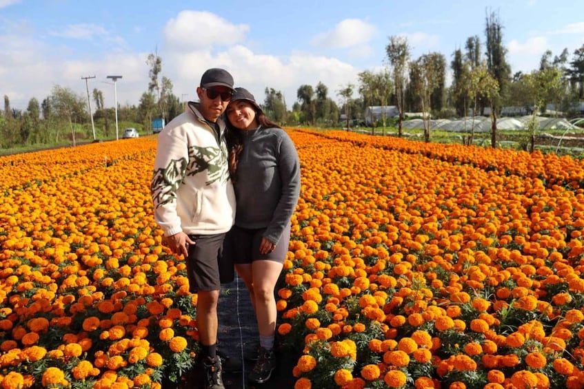 A couple standing in a field of orange flowers. 3