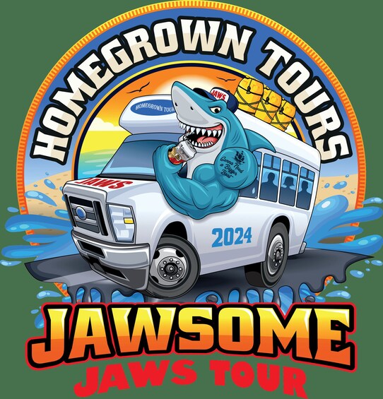 A cartoon shark on a bus with the text 'Homegrown Tours' and 'Jaws Tour 2024'. 2