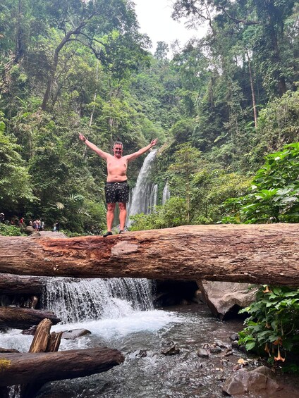 A person standing on a log over a waterfall in a forest. 2