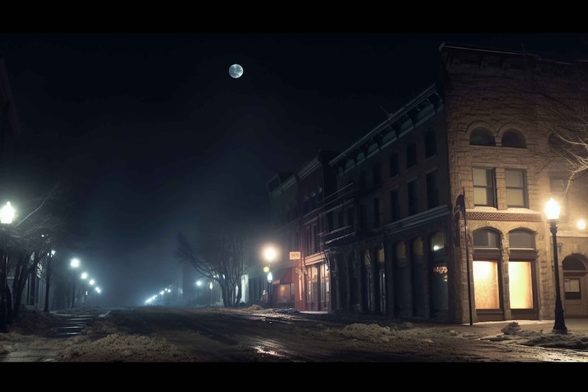 A nighttime street scene with buildings, street lamps, and a visible moon. 5