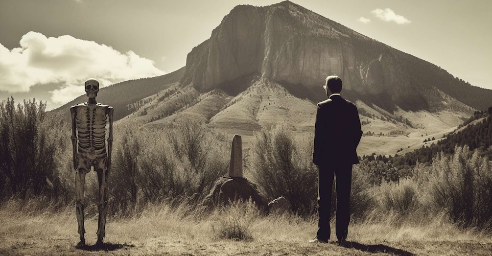 A skeleton and a man standing in a field with a mountain in the background. 3