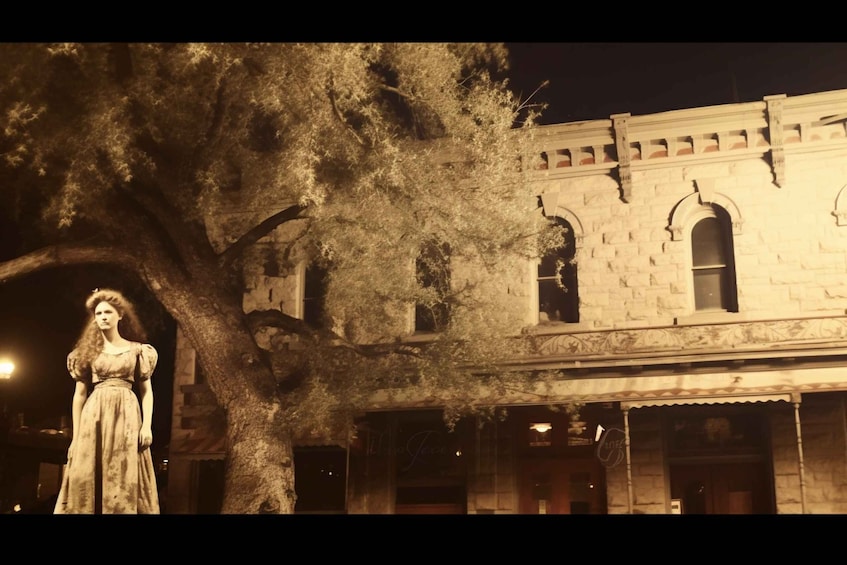 A statue of a woman in a dress, a large tree, and a building with arched windows at night. 2