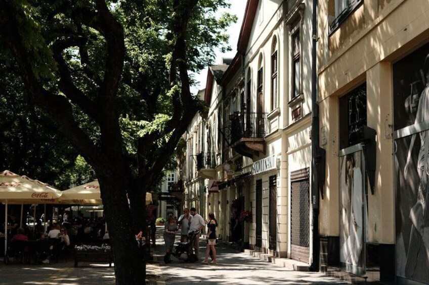 A tree-lined street with cafes and shops. 5