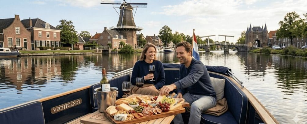 A couple on a boat with a wooden table of food and drinks, a canal with houses, and a windmill in the background. 4