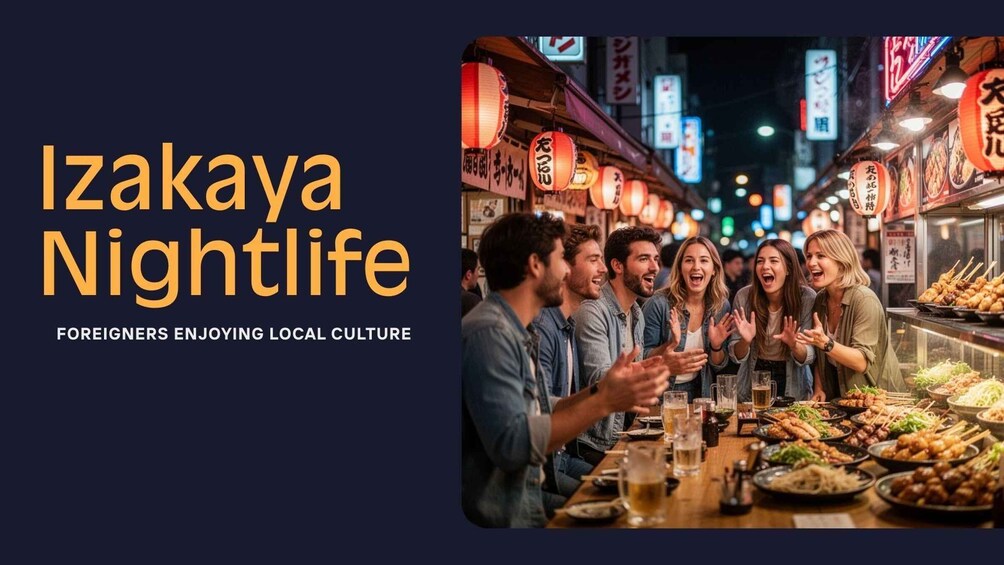 A group of people enjoying a meal at a street food stall in Izakaya nightlife. 1