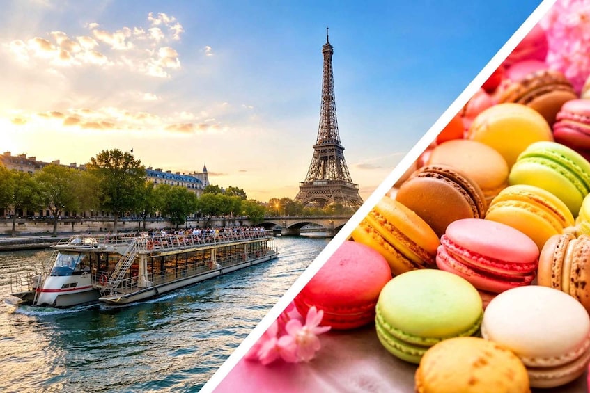 The Eiffel Tower, a river with a boat, and colorful macarons. 1
