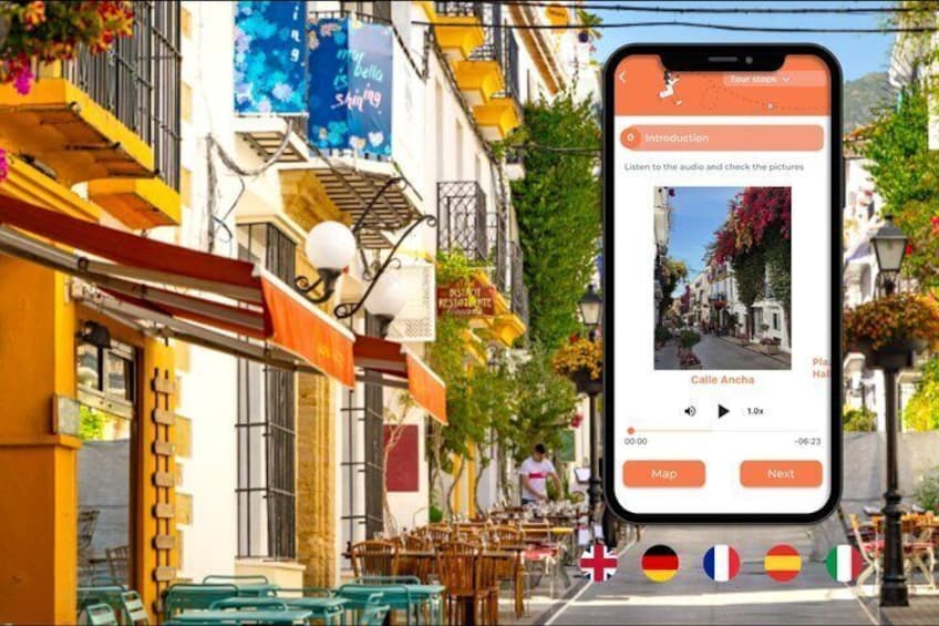 A smartphone displaying a travel app with a street scene in the background. 1