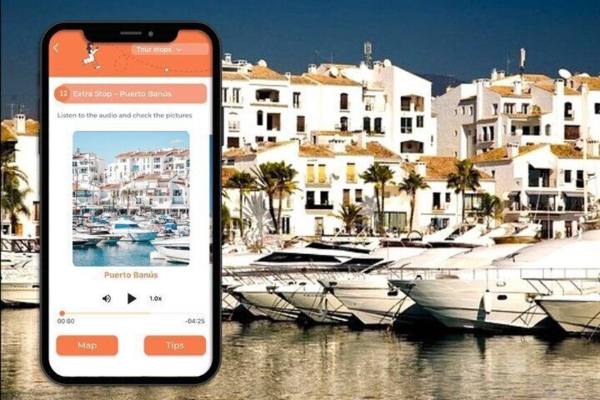 A smartphone displaying a tour stop for Puerto Banús with a marina and white buildings. 4