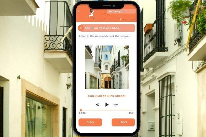 A smartphone displaying a tour stop with a photo of a narrow street and buildings. 3