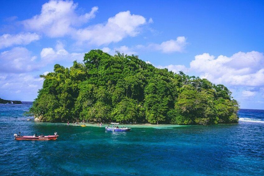 A lush green island surrounded by clear blue waters. 2
