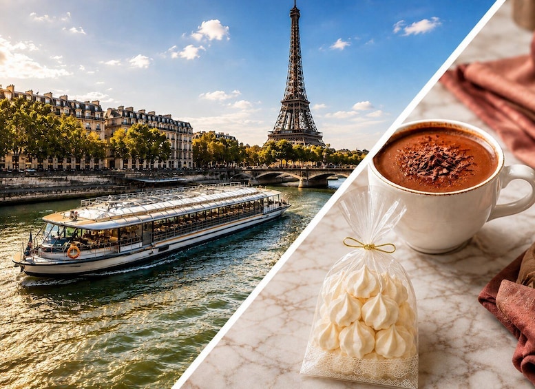 A river cruise boat, the Eiffel Tower, and a cup of hot chocolate. 1