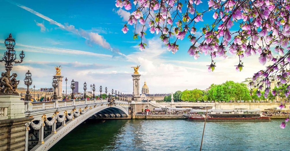 A bridge with ornate decorations, a river, and a statue in the background. 3