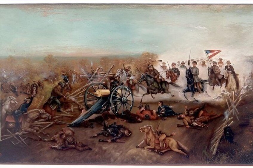 A historical battle scene with soldiers, a cannon, and a flag. 4