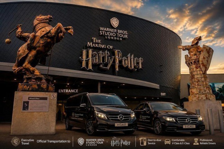 Warner Bros. Studio Tour London - The Making of Harry Potter building with two Mercedes-Benz cars in front. 2