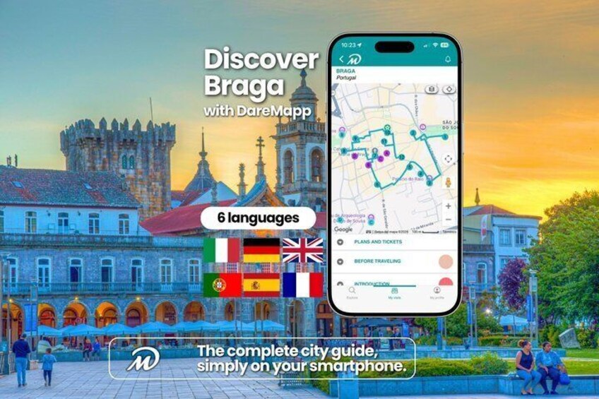 A smartphone displaying a map with the text 'Discover Braga with DareMap' and flags of 6 languages. 1