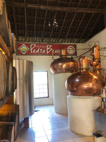 L’intérieur d’une distillerie, avec ses alambics en cuivre, ses barriques en bois et une enseigne sur laquelle on peut lire : « Pachaca Pedro Bran ». 1