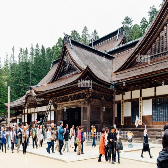A traditional Japanese building with a curved roof and wooden beams, surrounded by a crowd of people. 4