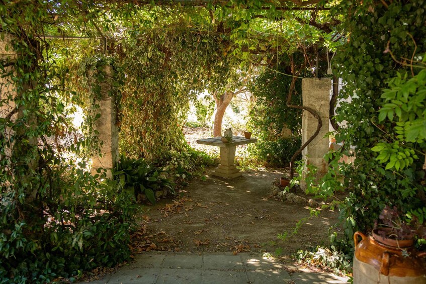 A garden path with a stone fountain, surrounded by lush greenery and stone walls. 5