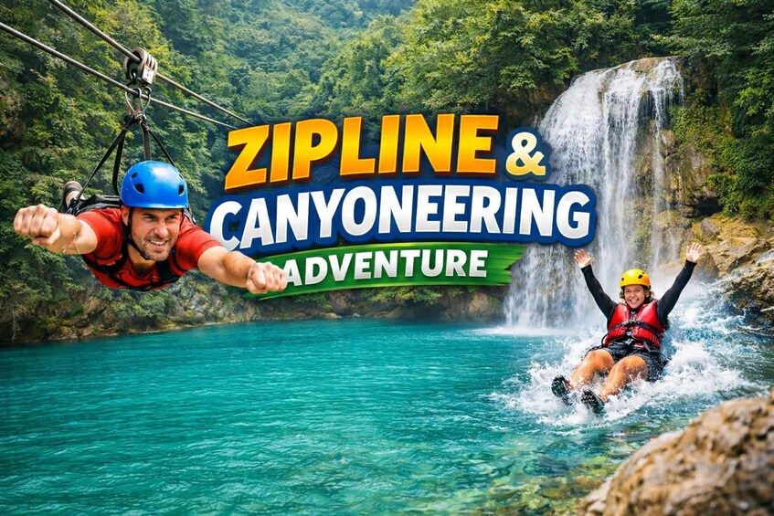 A zipline and canyoneering adventure with a waterfall in the background. 1