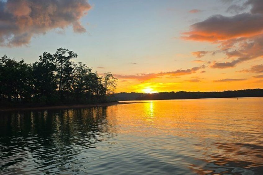 A sunset over a calm lake with trees silhouetted against the sky. 4