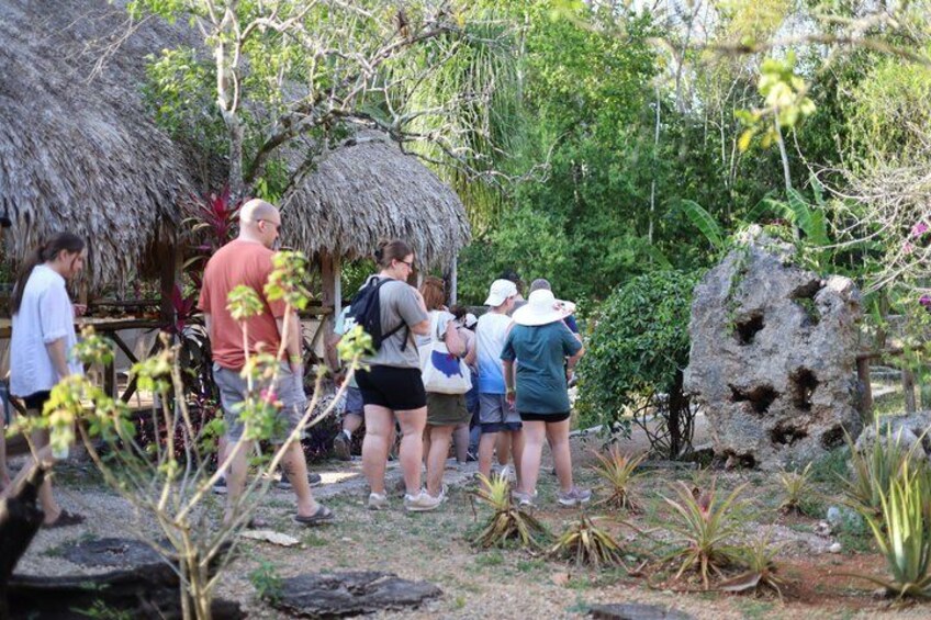 A group of people walking in a garden with thatched-roof structures and tropical plants. 2