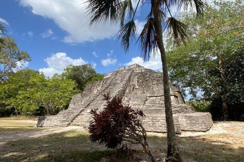 A pyramid structure surrounded by trees and greenery. 1