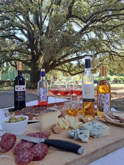 A picnic setup with wine bottles, glasses, and a variety of cheeses and cured meats. 3
