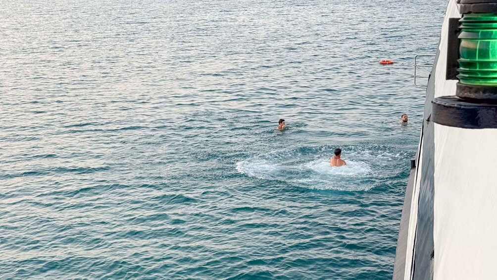 A calm sea with two people swimming and a lifebuoy floating. 5