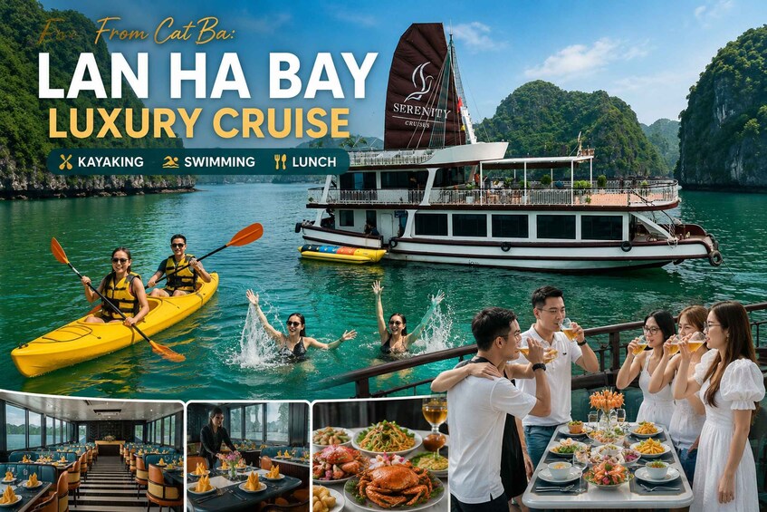 A luxury cruise ship with activities like kayaking and swimming, and dining options. 1