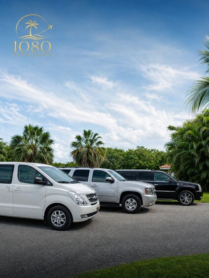 Three SUVs parked on a road with palm trees and a clear sky in the background. 1