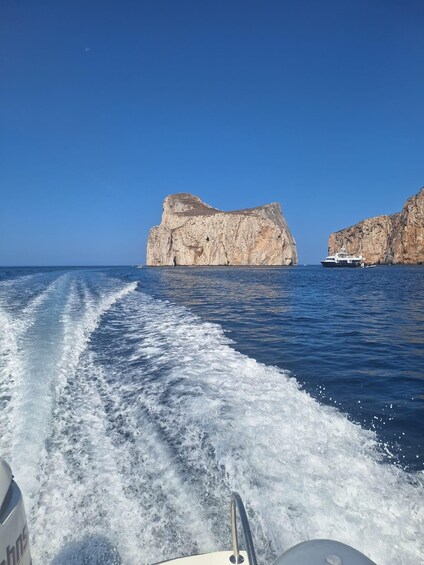A boat moving through clear blue waters with a rocky coastline in the background. 1