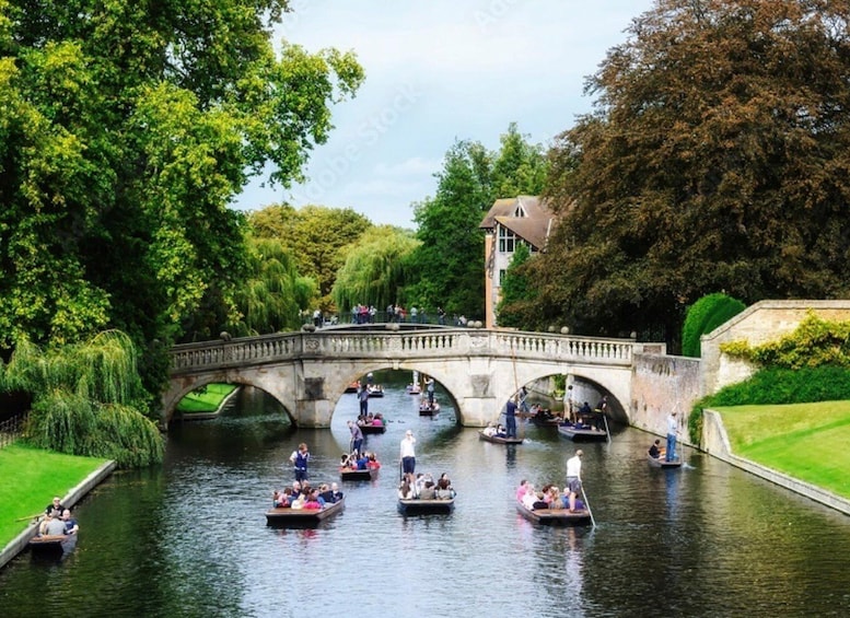 A river with boats, a stone bridge, and lush greenery. 4